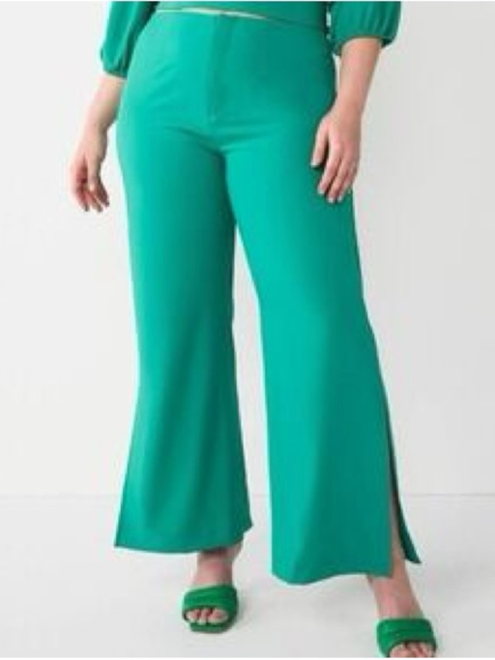 High-Rise Wide-Leg Split-Hem Pants in Bright Teal